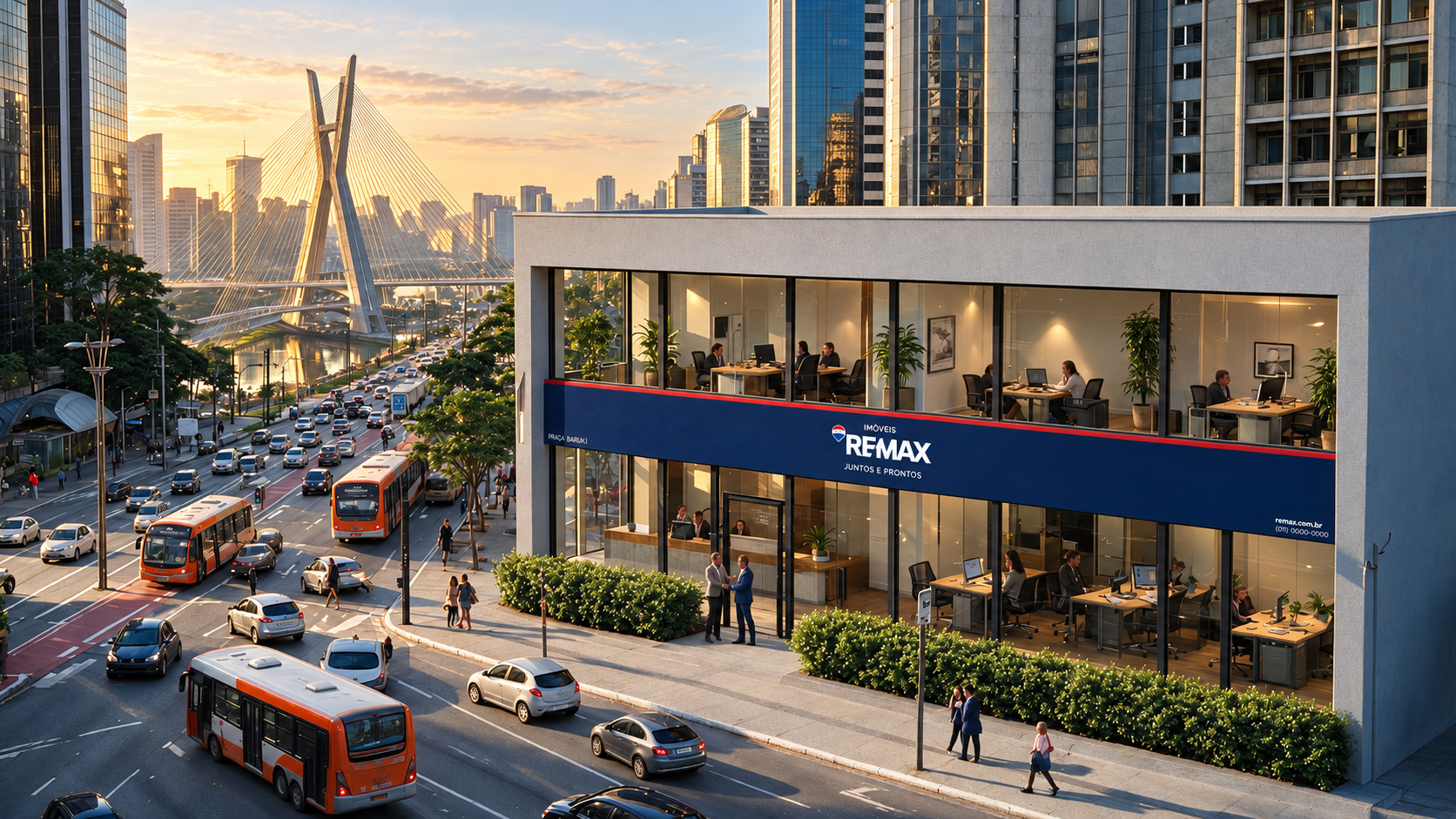 Fachada de uma imobiliária REMAX em São Paulo ao entardecer